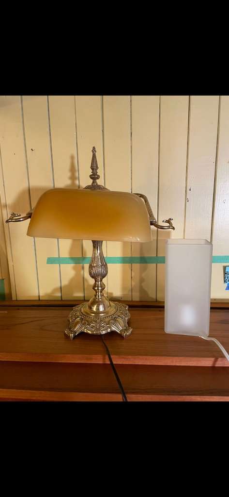 Vintage bankers table lamp with amber shade and frosted shade lamp - image 2 of 11