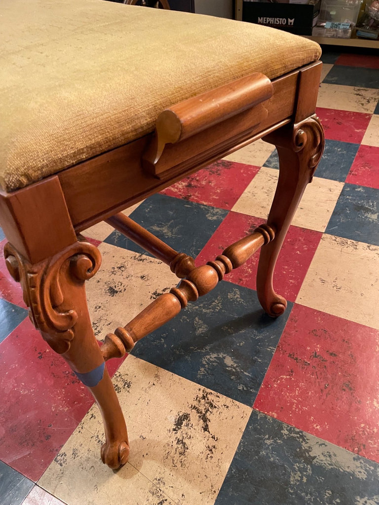 Vintage carved wooden bench with upholstered seat - image 3 of 8