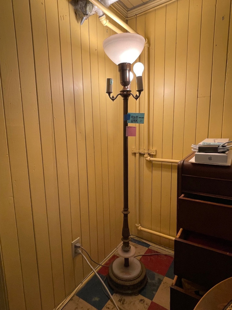 Antique torchiere 4-light floor lamp with onyx? base and milk-glass shade - image 1 of 4