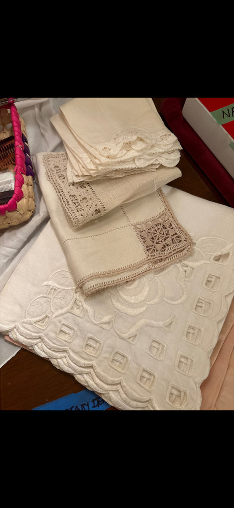 Vintage Nightgown with lace neckline and collection of cream lace linens - image 7 of 9