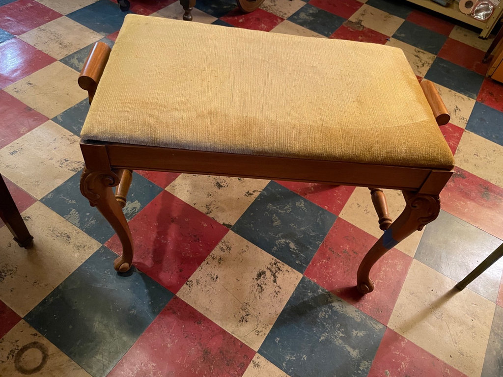 Vintage carved wooden bench with upholstered seat - image 1 of 8