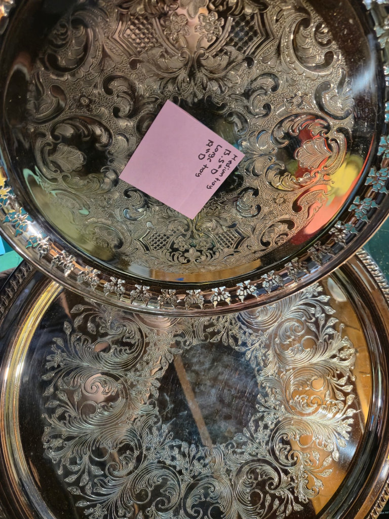Ornate round silver plated serving trays - image 2 of 5