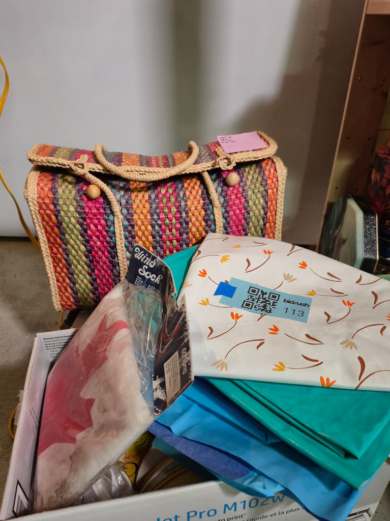 Multicolored woven handbag with assorted kitchenware and packaging items - image 2 of 3