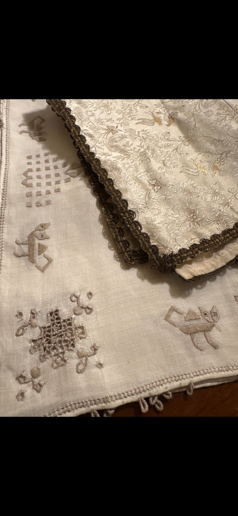 Vintage Nightgown with lace neckline and collection of cream lace linens - image 8 of 9