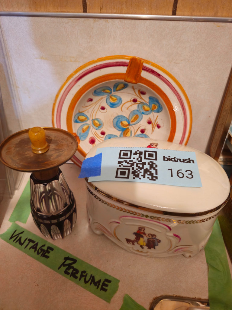 Vintage perfume bottle, ceramic lidded box, and floral ashtray - image 1 of 9