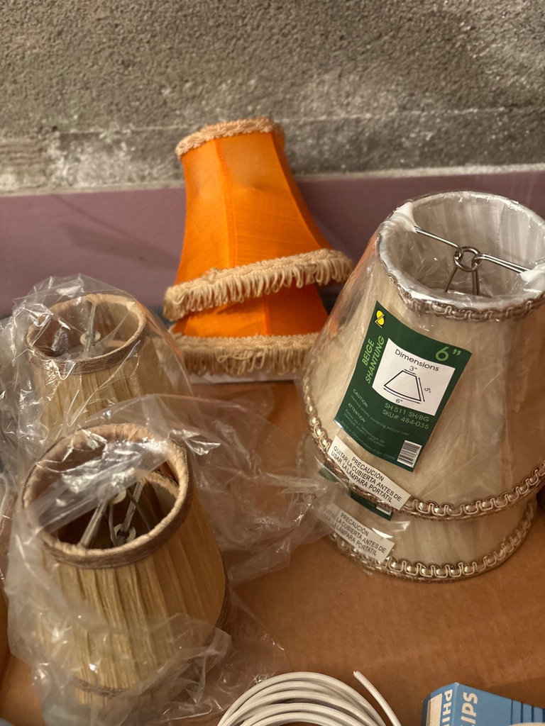 Mid-Century Louis XV Rocaille Style gilt bronze sconces, plus fabric lampshades, bulbs, and accessories  - image 7 of 9