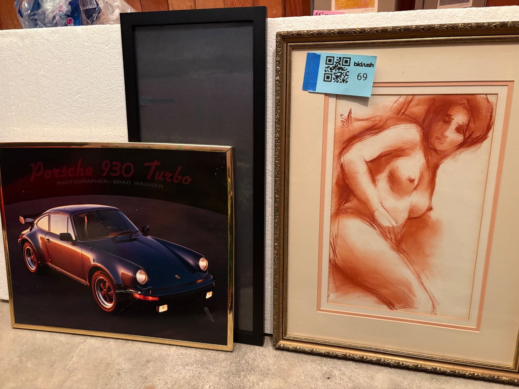 Framed Porsche 930 Turbo, nude figure drawing and empty frame - image 1 of 12