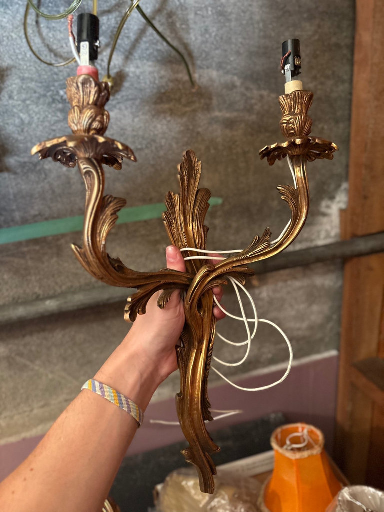 Mid-Century Louis XV Rocaille Style gilt bronze sconces, plus fabric lampshades, bulbs, and accessories  - image 1 of 9