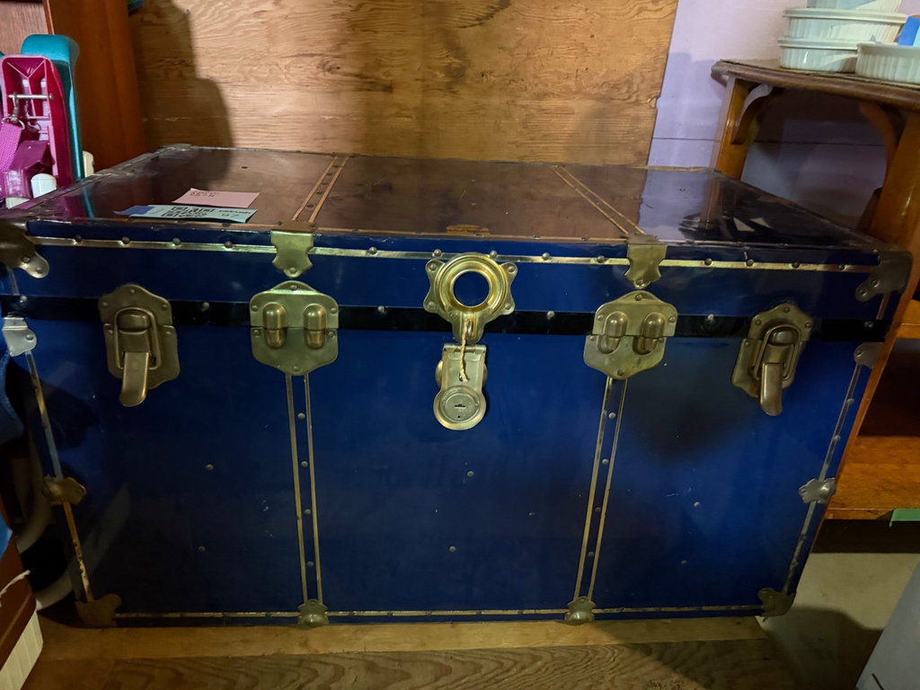 Blue vintage travel trunk with brass hardware and wood-lined interior - image 1 of 13