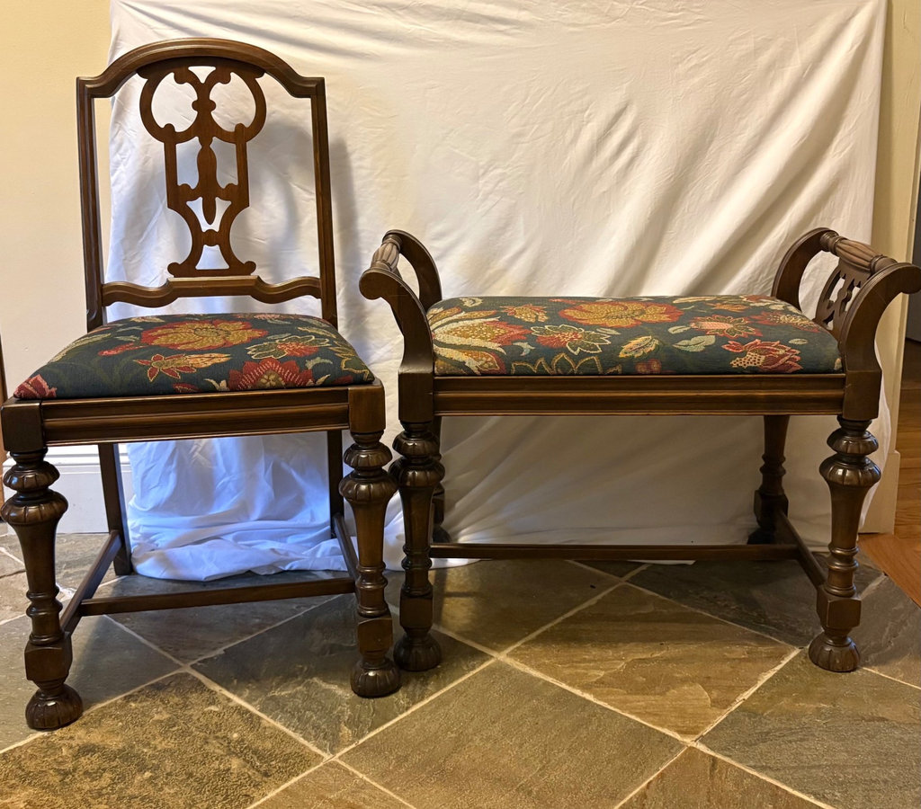 1930’s Walnut Upholsetered Vanity and Chair Set - image 1 of 6