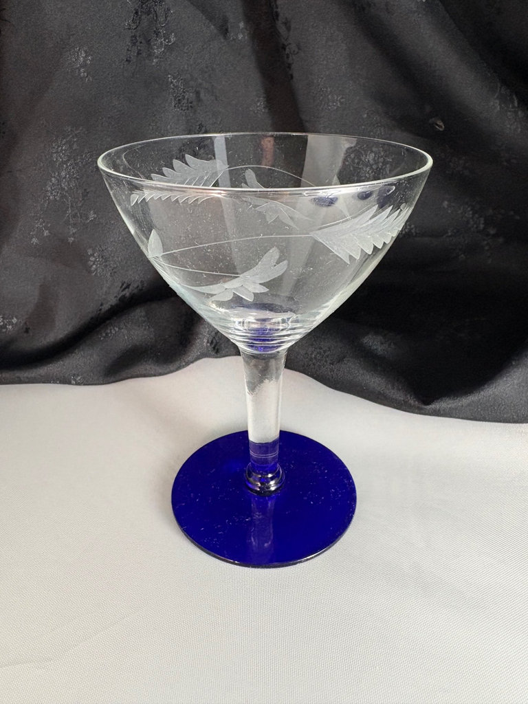 1930s Vintage Louie 19 Weston Etched Glass Cobalt Blue Base Glasses - image 2 of 4