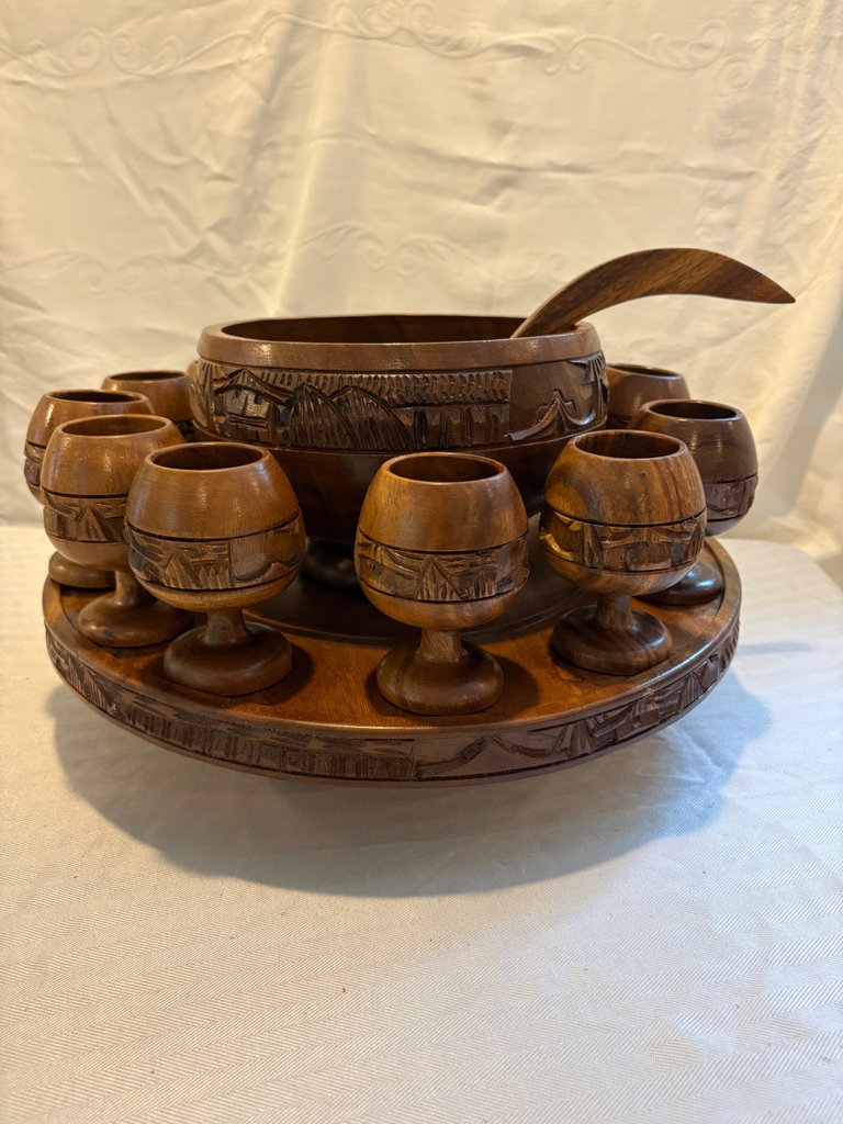 Tiki Style Monkey Pod Wooden Carved Punch Bowl Set - image 1 of 6