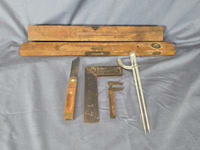 Title Lot of 6 Vintage Woodworking & Layout Tools - Stanley Try Square, Wooden Spirit Levels, Caliper, Dividers & Folding Scribe - Image 1 of 3
