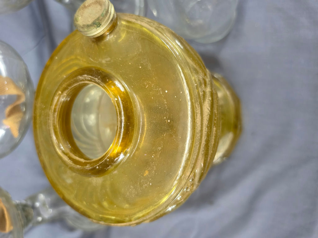 Lot of (4) Vintage Glass Kerosene & Oil Lamps - Clear Pedestal & Amber Pressed Glass Fonts with Extra Chimney - image 4 of 4