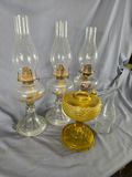 Lot of (4) Vintage Glass Kerosene & Oil Lamps - Clear Pedestal & Amber Pressed Glass Fonts with Extra Chimney - thumbnail 2 of 4