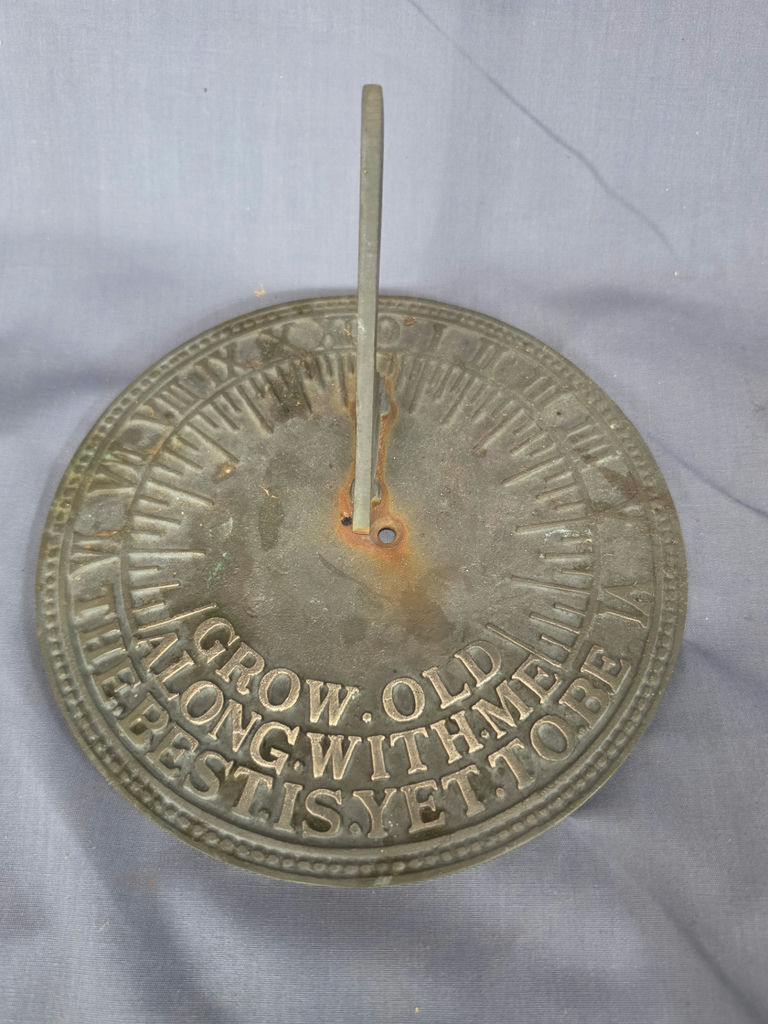 Vintage Solid Brass Garden Sundial - CORRECTION Item Is 8 inches across. Robert Browning "Grow Old Along With Me" - image 1 of 3