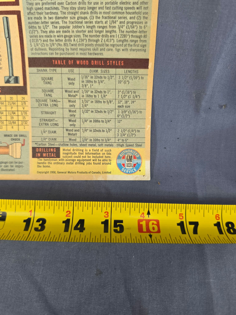 Vintage 1958 GM Authorized Chevrolet Service Wood Hole Boring Tool Reference Chart Poster Parkwood Motors Toronto - image 5 of 6