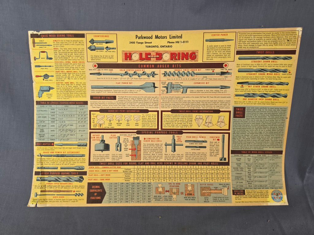 Vintage 1958 GM Authorized Chevrolet Service Wood Hole Boring Tool Reference Chart Poster Parkwood Motors Toronto - image 2 of 6
