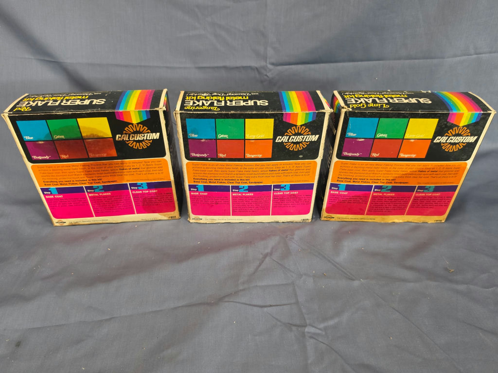 Lot of 3 Vintage Cal Custom Super Flake Metal Flaking Kits - Red, Tangerine, Lime Gold - 1970s Automotive Custom Shop Paint - image 5 of 7