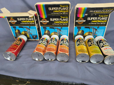 Lot of 3 Vintage Cal Custom Super Flake Metal Flaking Kits - Red, Tangerine, Lime Gold - 1970s Automotive Custom Shop Paint - Image 1 of 7