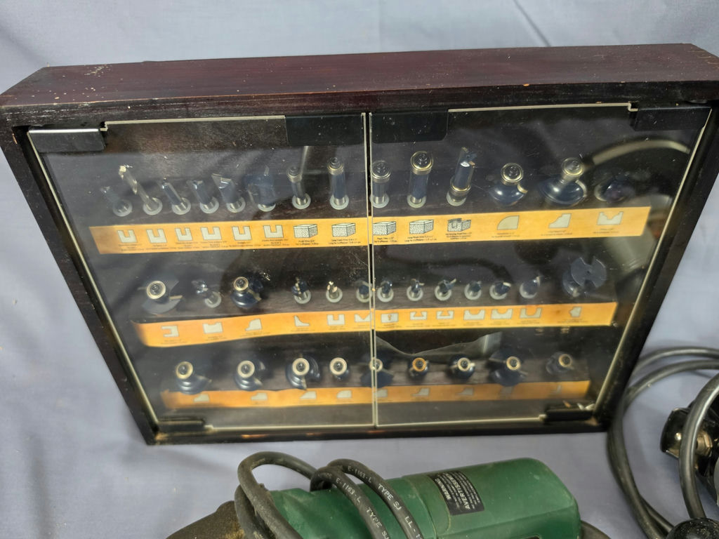 Vintage Tool Lot: Black & Decker Commercial Plunge Router, Bosch PWS 5-115 Angle Grinder, & Deluxe 30-Piece Router Bit Display Case Set - image 1 of 3