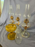 Lot of (4) Vintage Glass Kerosene & Oil Lamps - Clear Pedestal & Amber Pressed Glass Fonts with Extra Chimney - thumbnail 3 of 4
