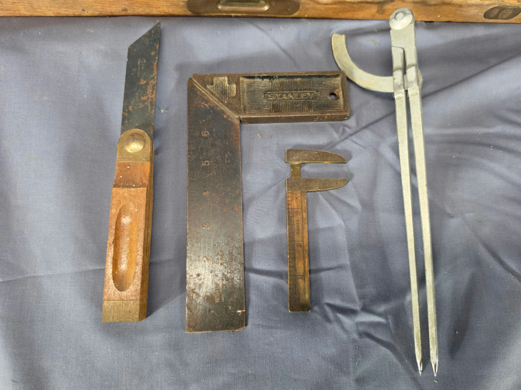 Title Lot of 6 Vintage Woodworking & Layout Tools - Stanley Try Square, Wooden Spirit Levels, Caliper, Dividers & Folding Scribe - image 2 of 3