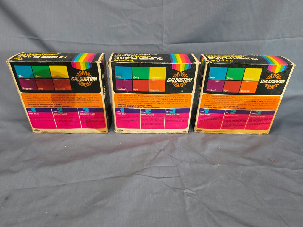 Lot of 3 Vintage Cal Custom Super Flake Metal Flaking Kits - Red, Tangerine, Lime Gold - 1970s Automotive Custom Shop Paint - image 6 of 7