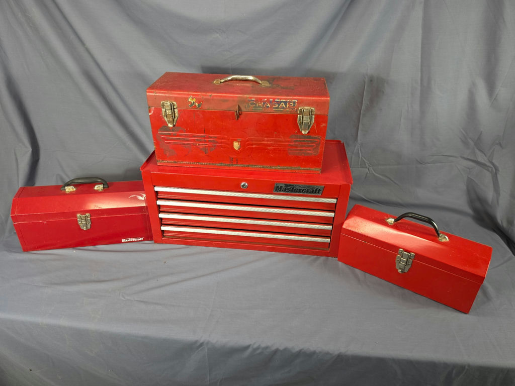 Vintage & Modern Red Metal Tool Box & Drawer Chest Collection - 4 Pieces with Mixed Hand Tools - image 1 of 2