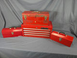 Vintage & Modern Red Metal Tool Box & Drawer Chest Collection - 4 Pieces with Mixed Hand Tools - thumbnail 1 of 2