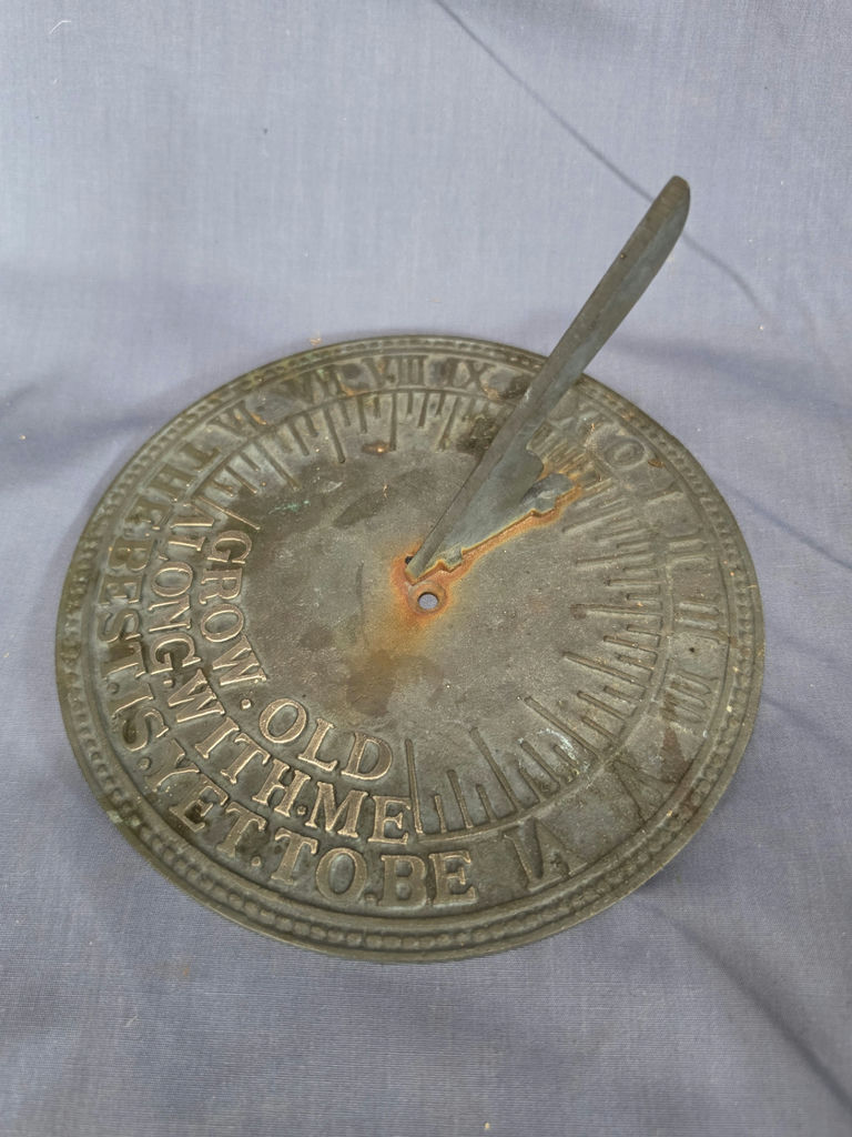 Vintage Solid Brass Garden Sundial - CORRECTION Item Is 8 inches across. Robert Browning "Grow Old Along With Me" - image 2 of 3