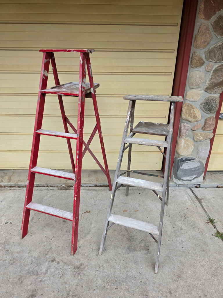 Title Pair of Vintage Wooden Stepladders – Rustic Red & Weathered Natural Patina - image 1 of 3