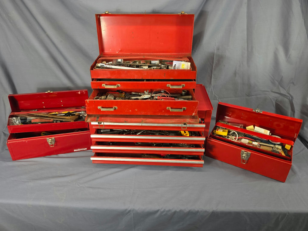 Vintage & Modern Red Metal Tool Box & Drawer Chest Collection - 4 Pieces with Mixed Hand Tools - image 2 of 2