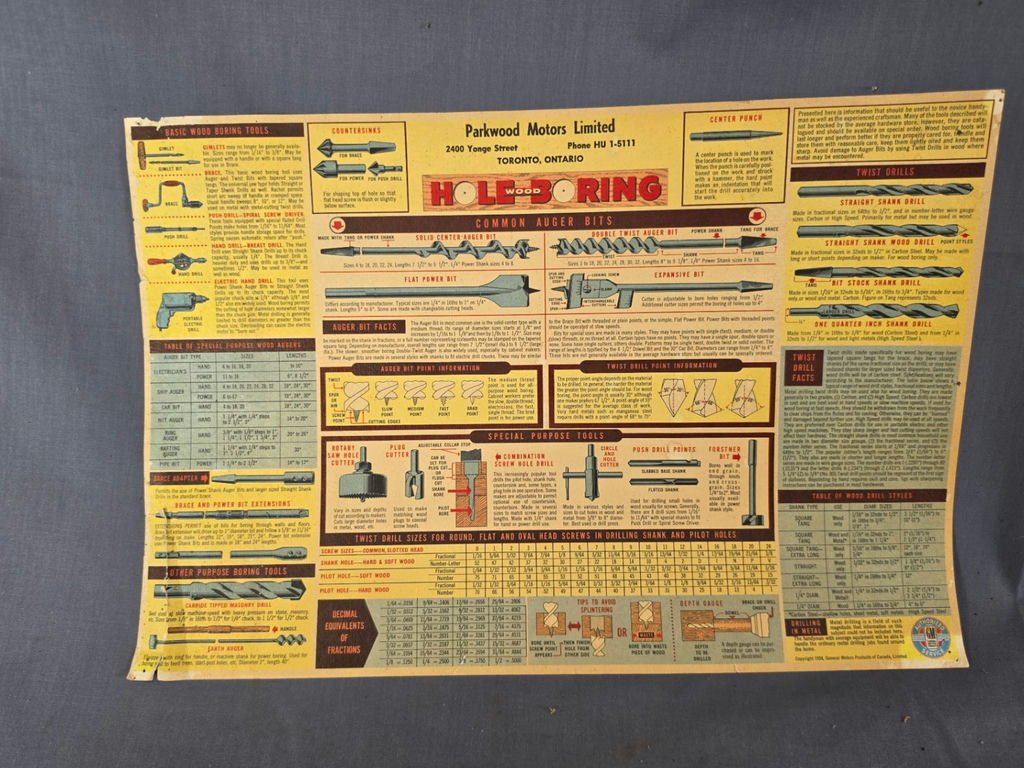 Vintage 1958 GM Authorized Chevrolet Service Wood Hole Boring Tool Reference Chart Poster Parkwood Motors Toronto - image 1 of 6