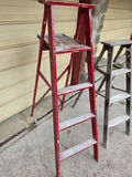 Title Pair of Vintage Wooden Stepladders – Rustic Red & Weathered Natural Patina - thumbnail 3 of 3
