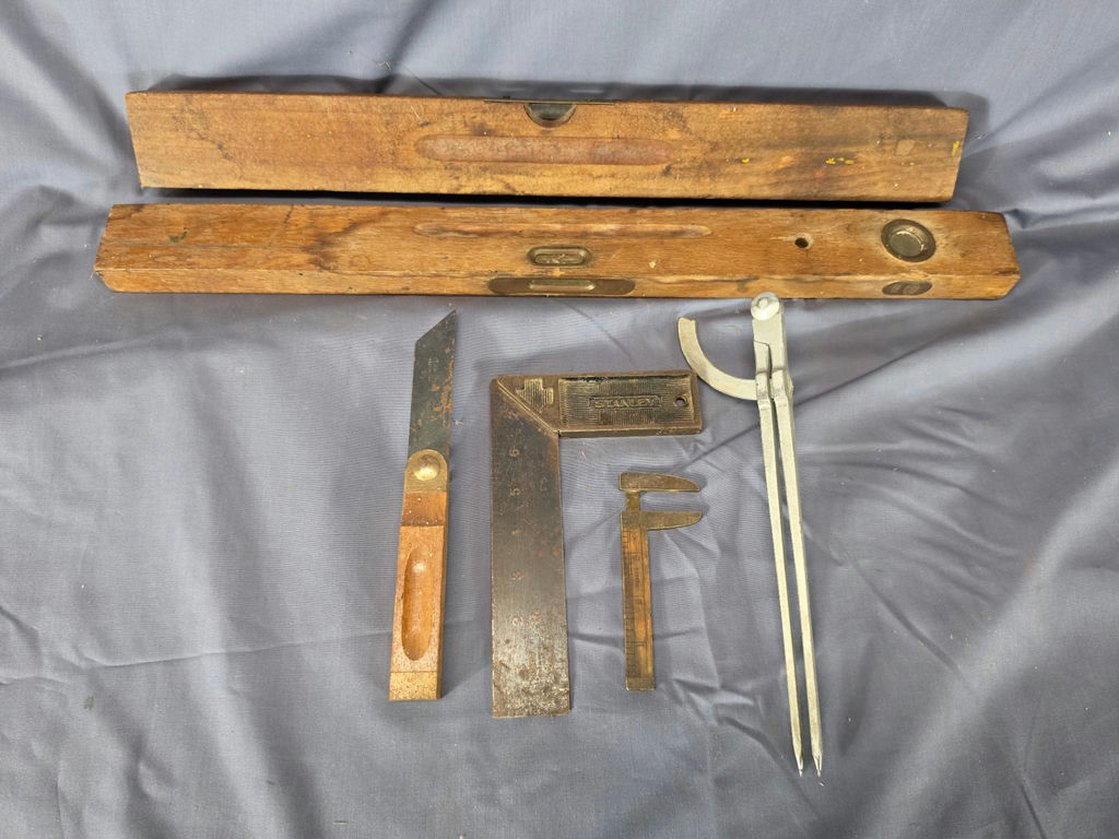 Title Lot of 6 Vintage Woodworking & Layout Tools - Stanley Try Square, Wooden Spirit Levels, Caliper, Dividers & Folding Scribe - image 3 of 3