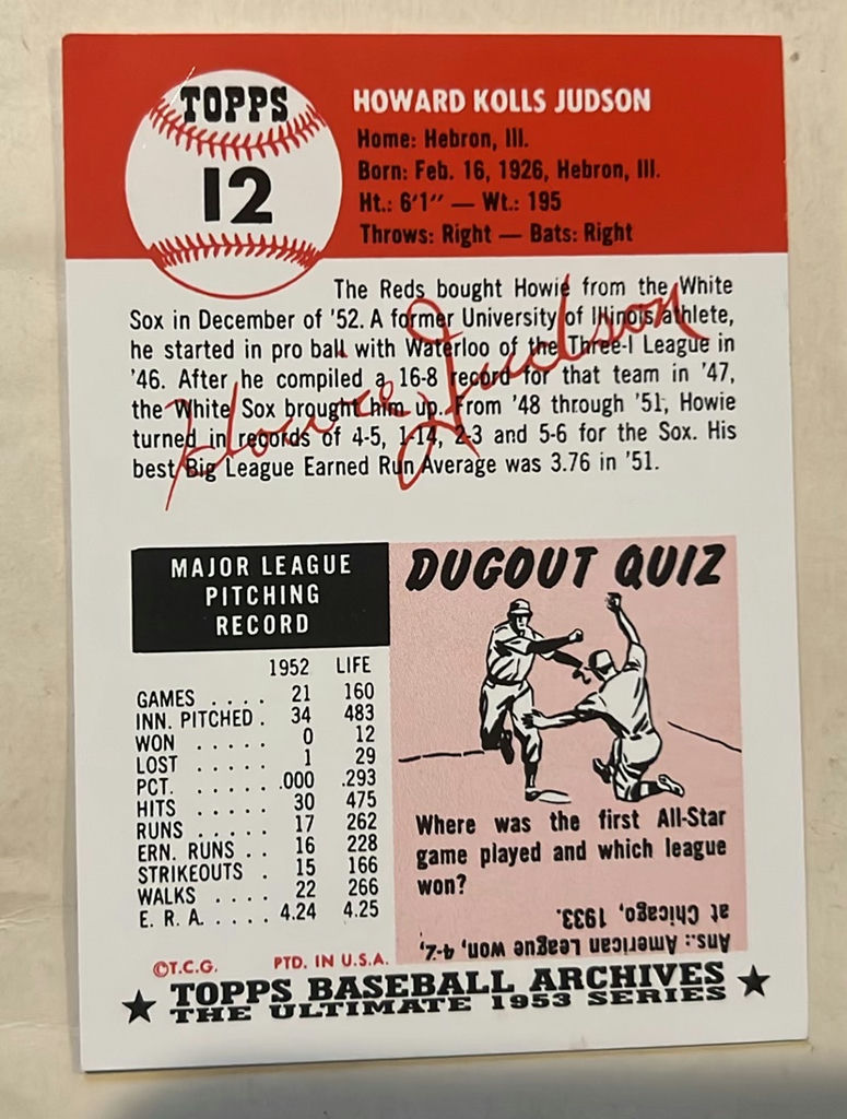 Topps Howie Judson 1953 Topps Reprint Autograph Baseball Card - image 2 of 2