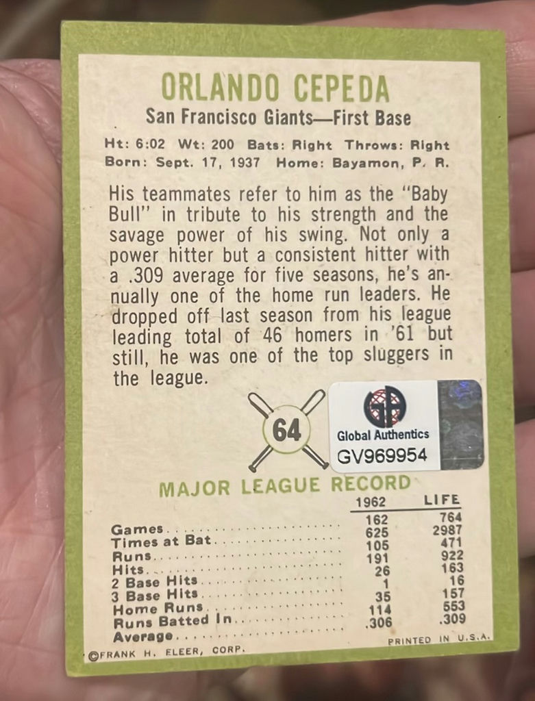 Orlando Cepeda 1963 Fleer Autographed Baseball HOF COA - image 2 of 3