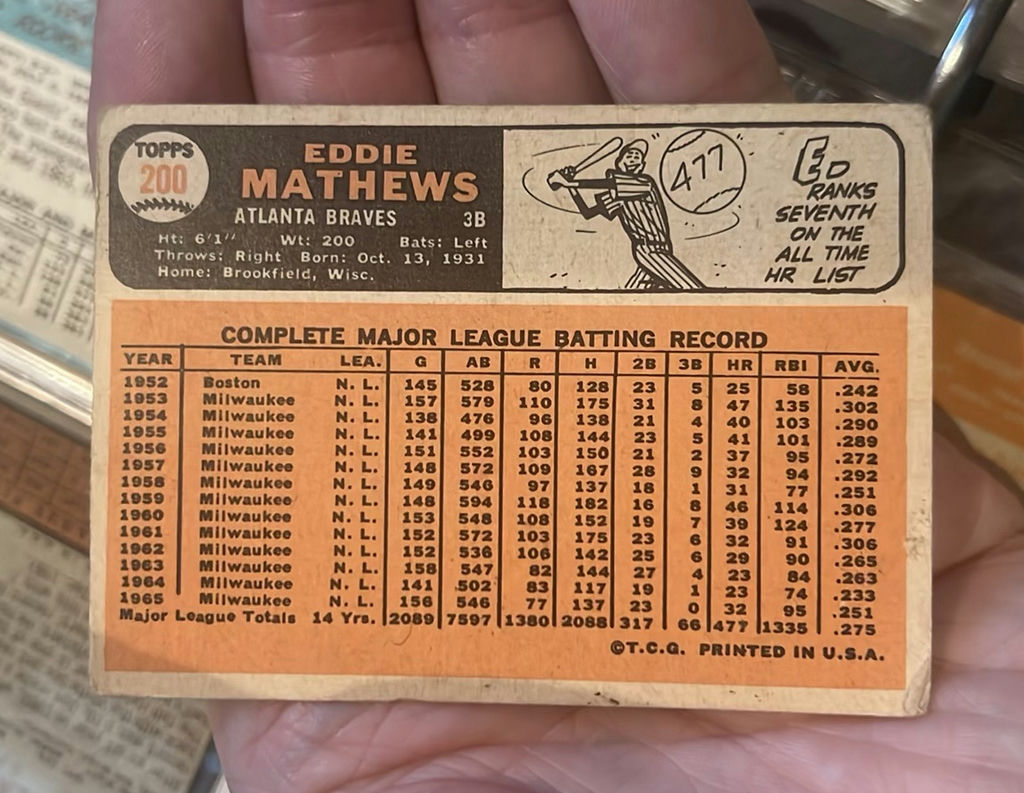 Eddie Matthews Milwaukee, Atlanta Braves Baseball Card Topps 1966 - image 2 of 2