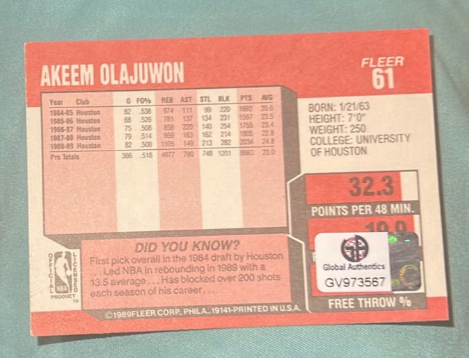 Akeem Elijah Won Houston Rockets Autographed 1989 Fleer Basketball Card With Coa Hof - image 2 of 3