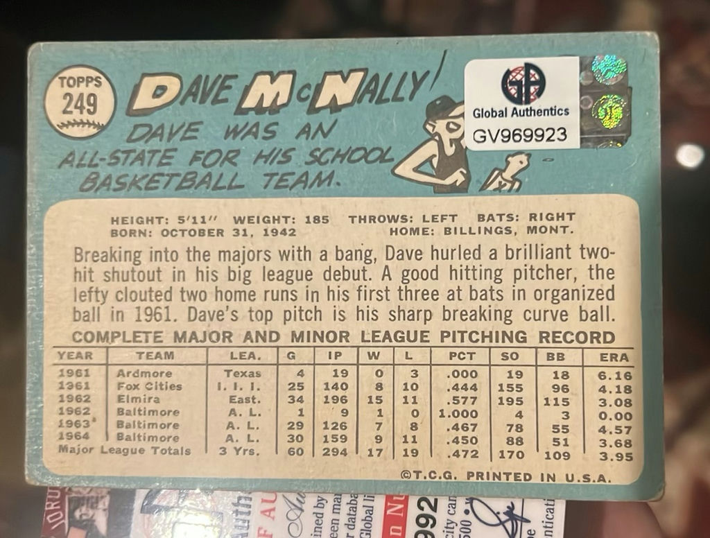 Dave McNally 1965 Topps Autographed Baseball Card COA - image 2 of 3