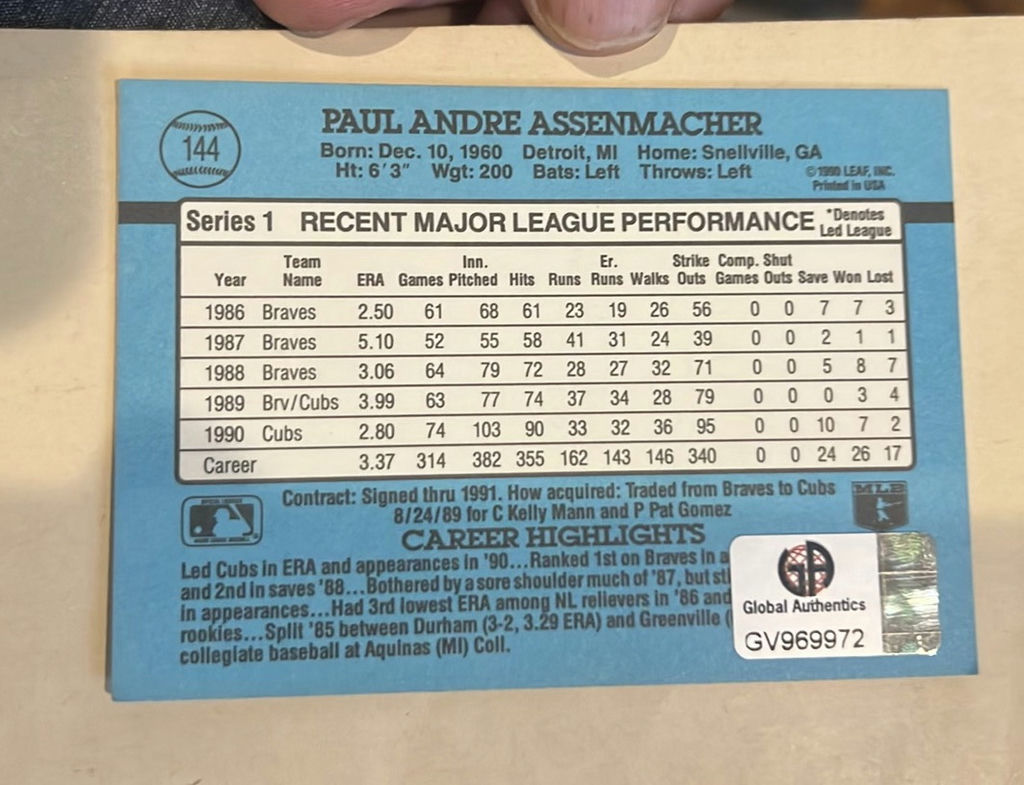 1991 Donruss Autographed Card, Chicago Cubs, Paul Assenmacher With Coa - image 2 of 3
