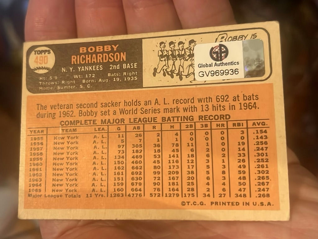 1966 Topps Yankees Autographed Baseball Card, Bobby, Richard Richardson With Coa - image 2 of 3