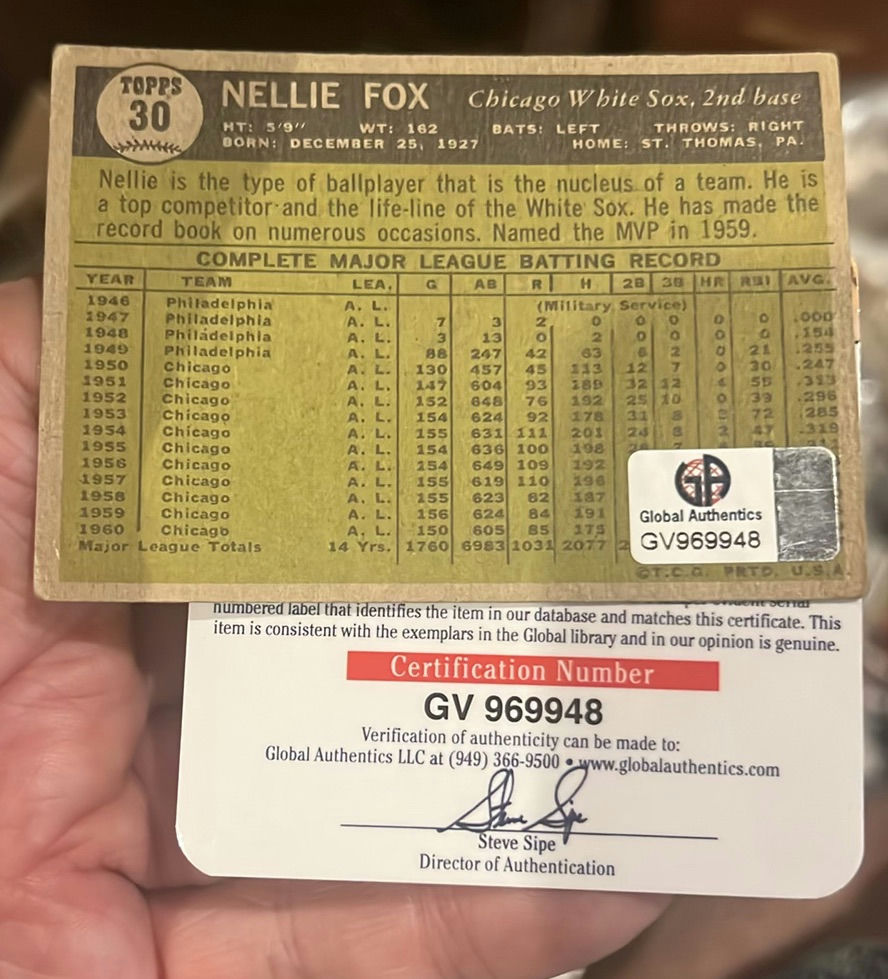 Nellie Fox 1961, Chicago Cubs Autographed Baseball Card HOF COA - image 3 of 3
