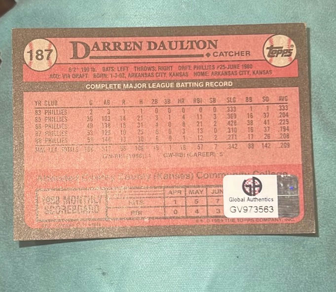 Darren Daulton Phillies 1989 Topps Autographed Baseball Card COA - image 2 of 3