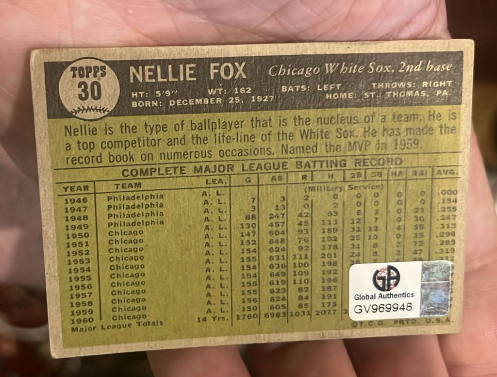 Nellie Fox 1961, Chicago Cubs Autographed Baseball Card HOF COA - image 2 of 3