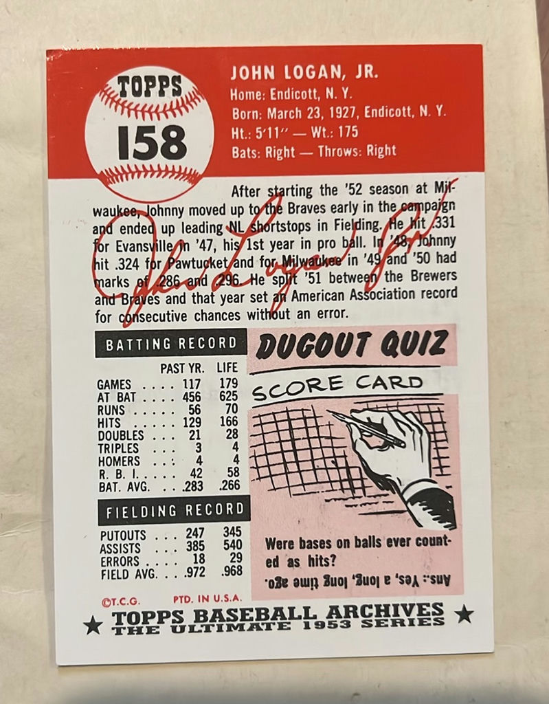 1953 Topps Baseball Card John Logan Reprint Autograph - image 2 of 2