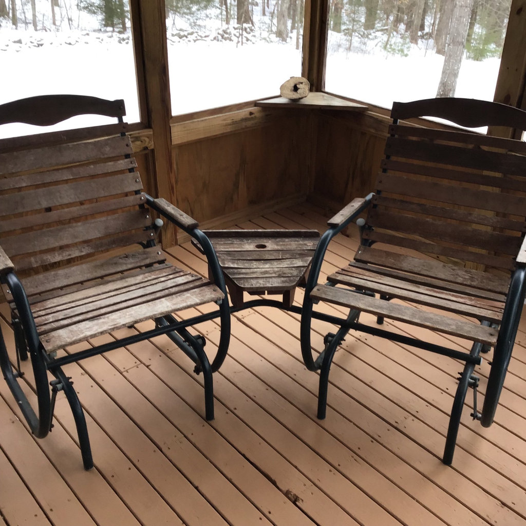 Wrought iron and wood rocking chairs with attached table - image 1 of 5