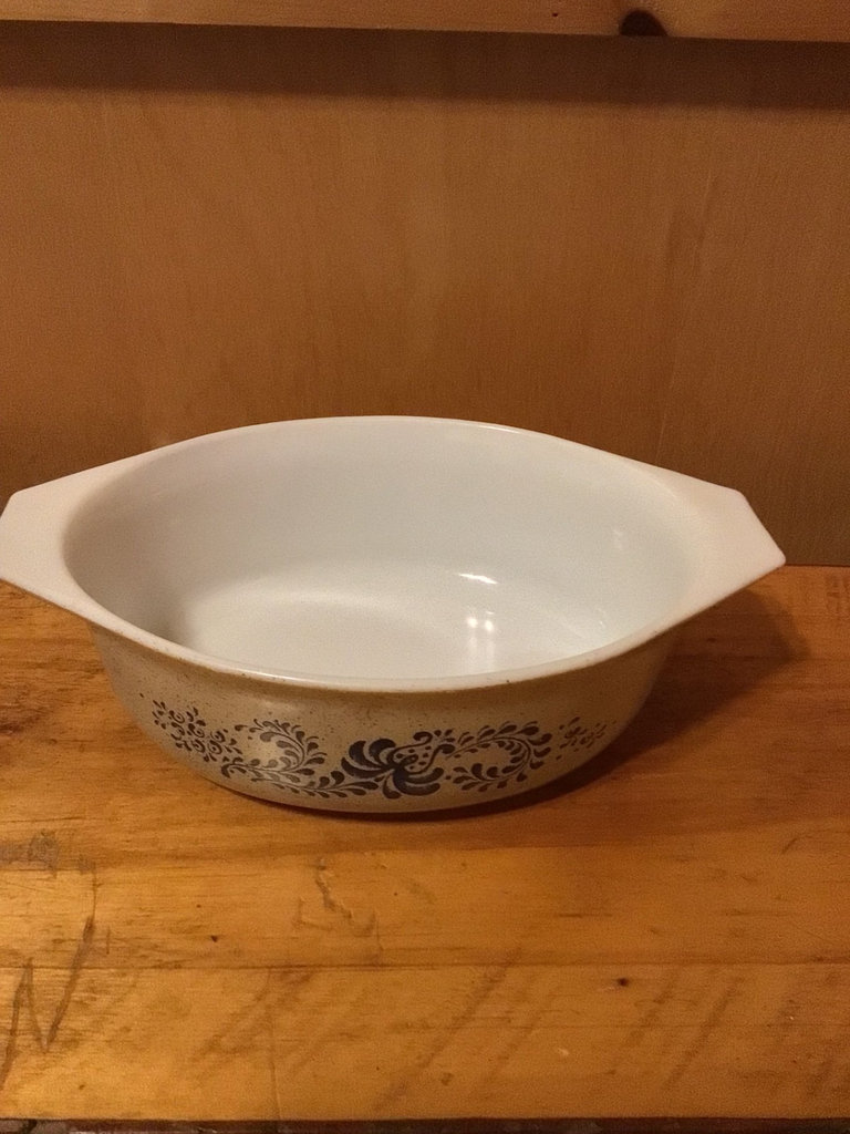 Floral Pyrex bowl, ceramic casserole dish, lace-pattern glass tray, and blue goblet - image 2 of 4