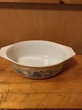 Floral Pyrex bowl, ceramic casserole dish, lace-pattern glass tray, and blue goblet - thumbnail 2 of 4